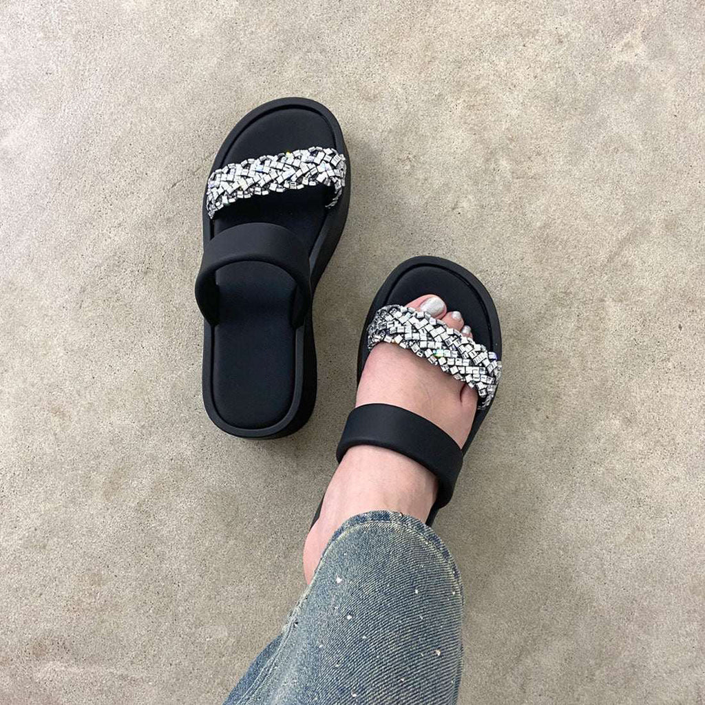 Ladies' Rhinestone Embellished Platform Slide Sandals