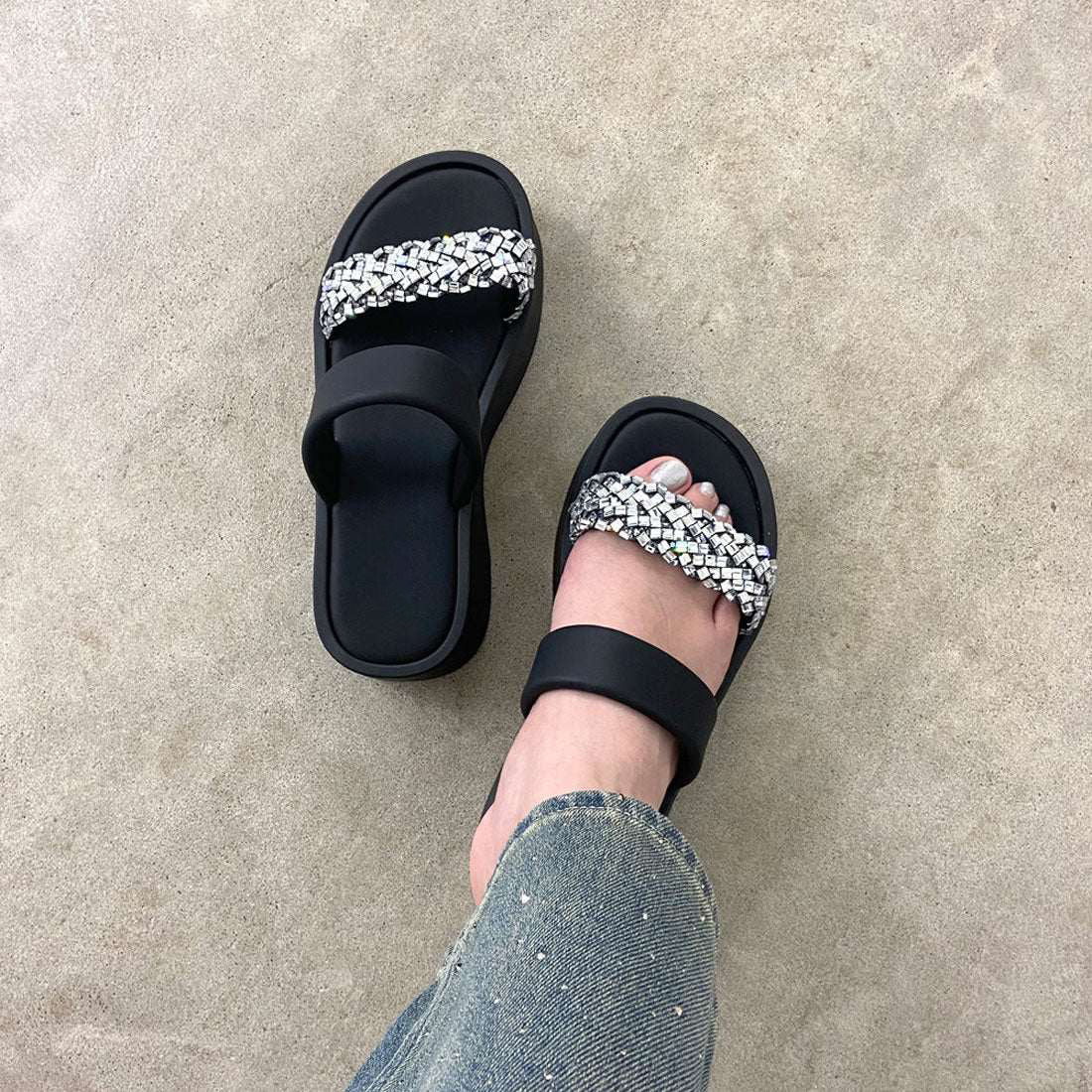 Ladies' Rhinestone Embellished Platform Slide Sandals