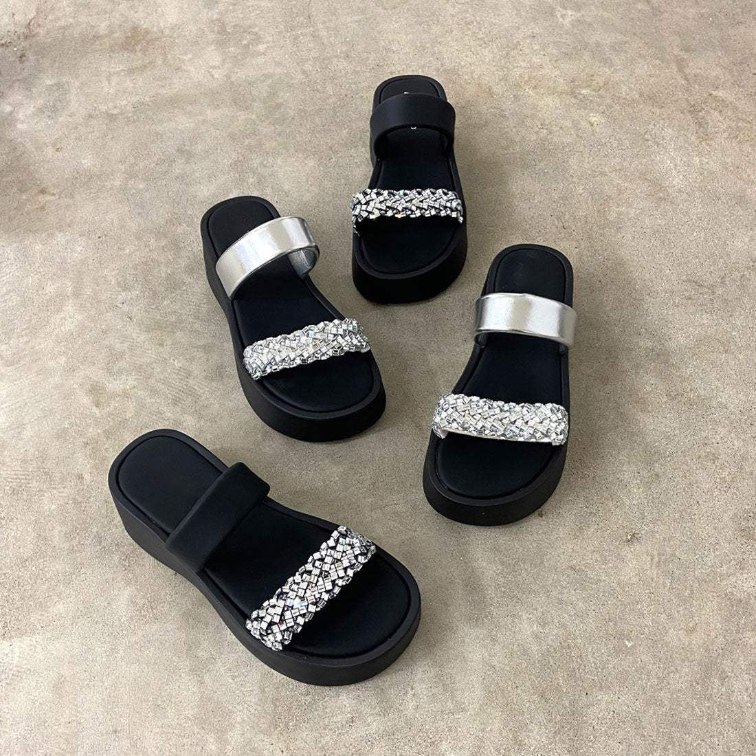 Ladies' Rhinestone Embellished Platform Slide Sandals
