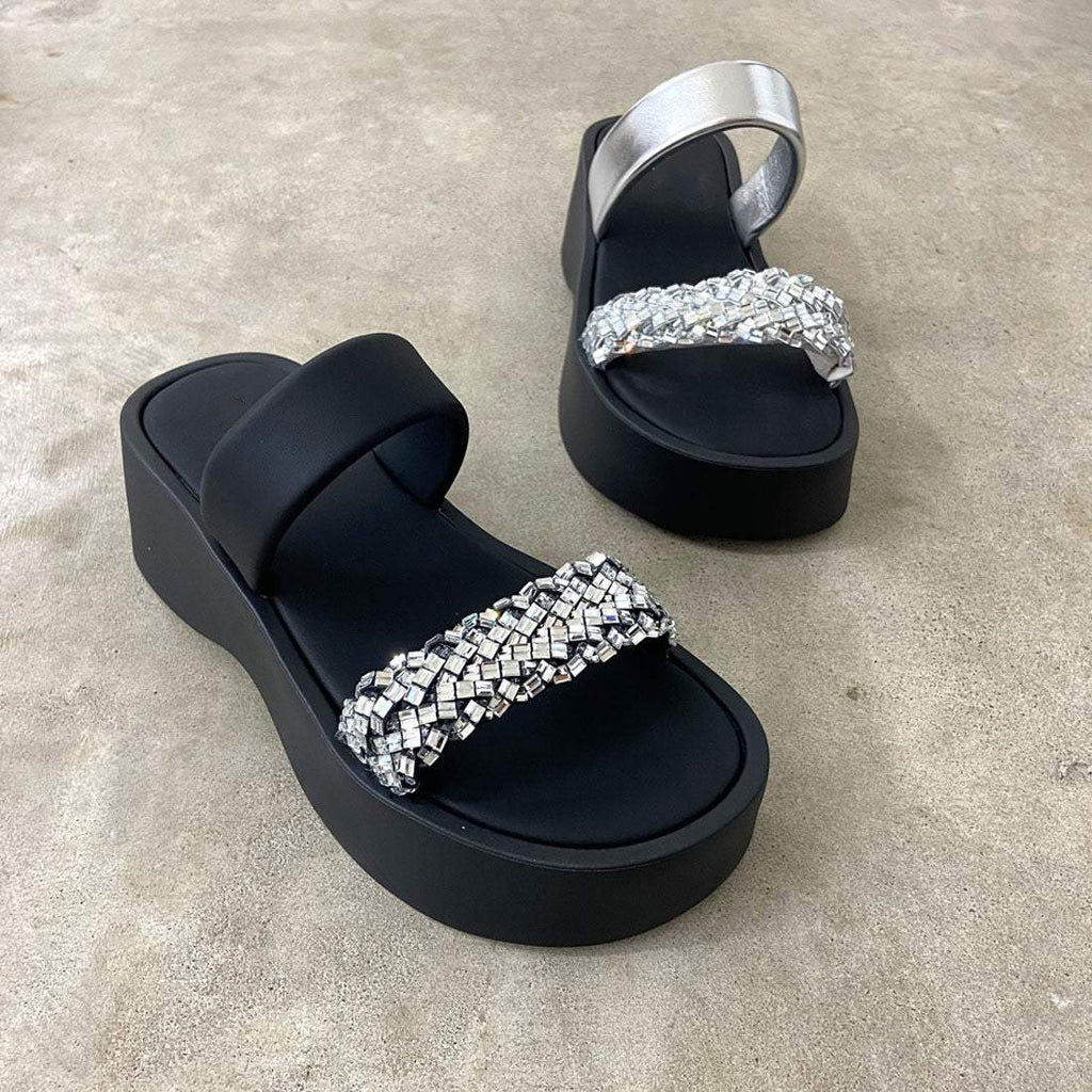 Ladies' Rhinestone Embellished Platform Slide Sandals