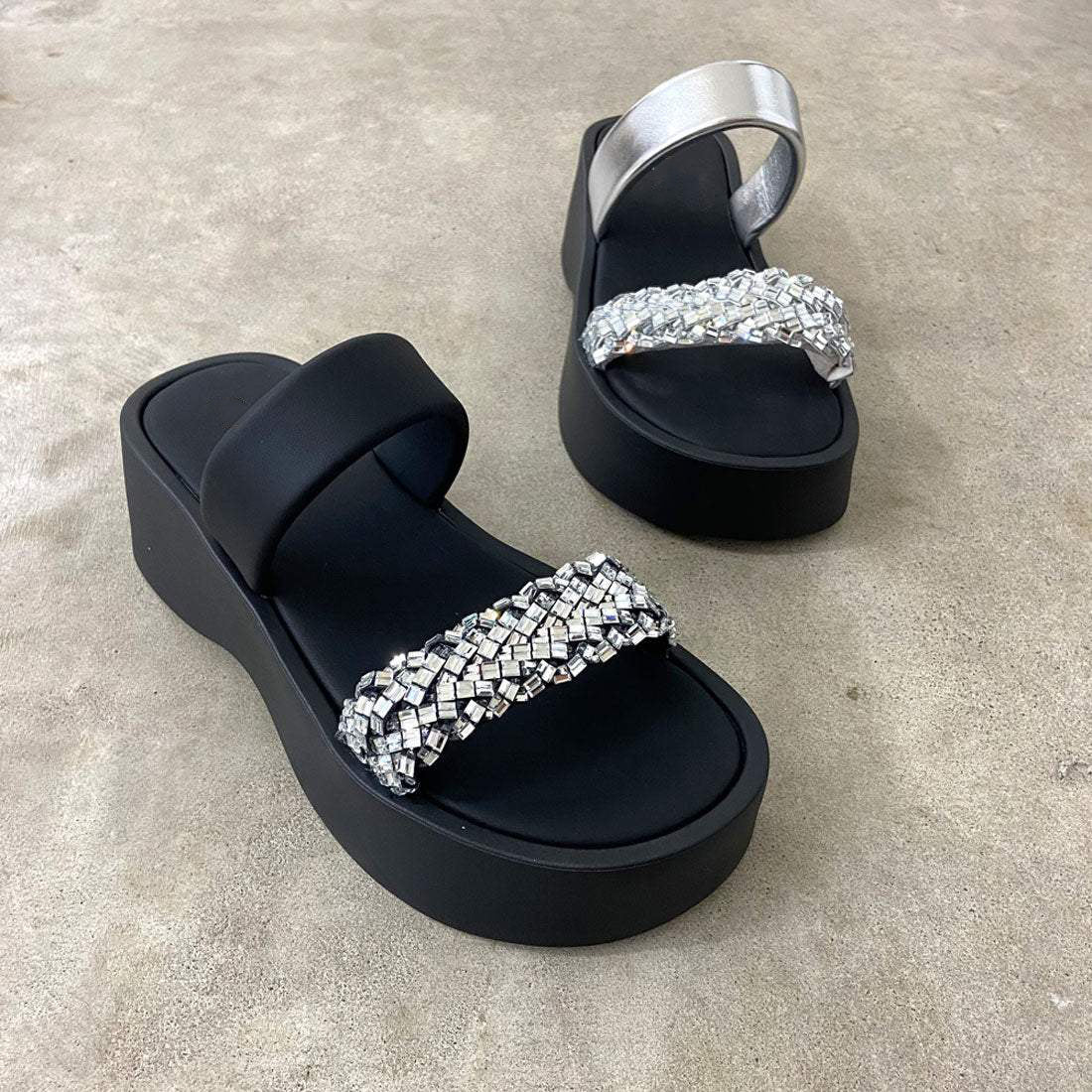 Ladies' Rhinestone Embellished Platform Slide Sandals