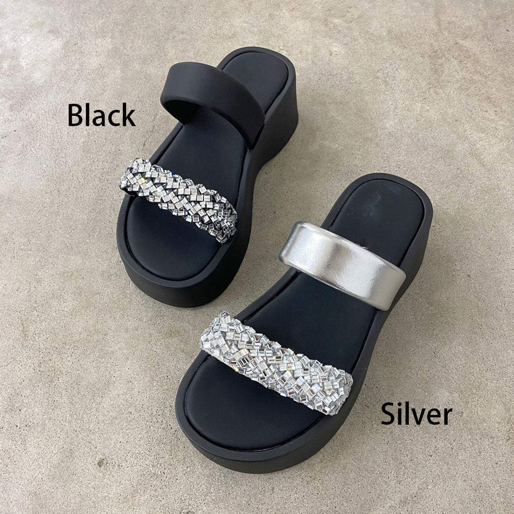 Ladies' Rhinestone Embellished Platform Slide Sandals