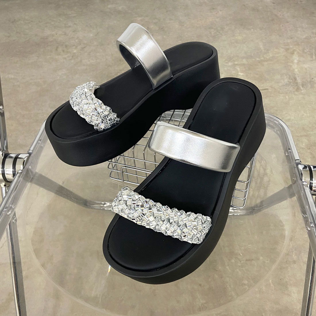 Ladies' Rhinestone Embellished Platform Slide Sandals
