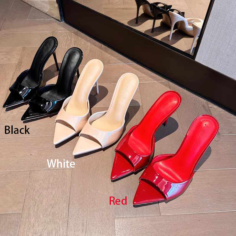 Ladies' Patent Leather Pointed Peep-Toe Heeled Mules