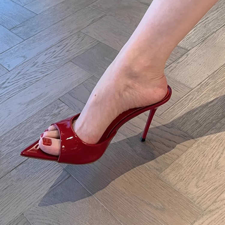 Ladies' Patent Leather Pointed Peep-Toe Heeled Mules