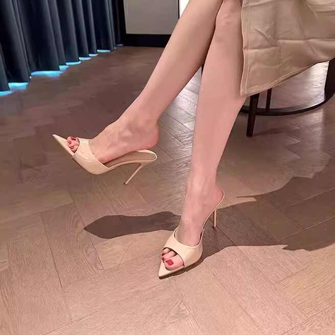 Ladies' Patent Leather Pointed Peep-Toe Heeled Mules
