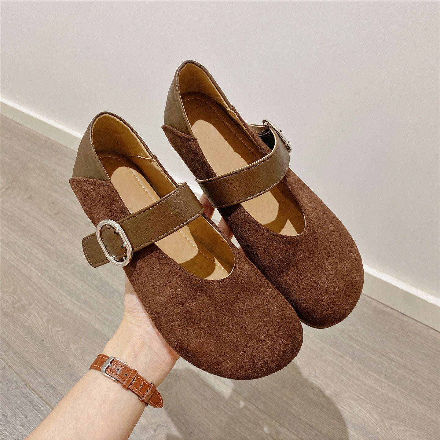 Ladies' Suede & Leopard Print Mary Jane Flats