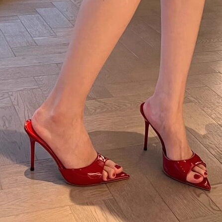 Ladies' Patent Leather Pointed Peep-Toe Heeled Mules