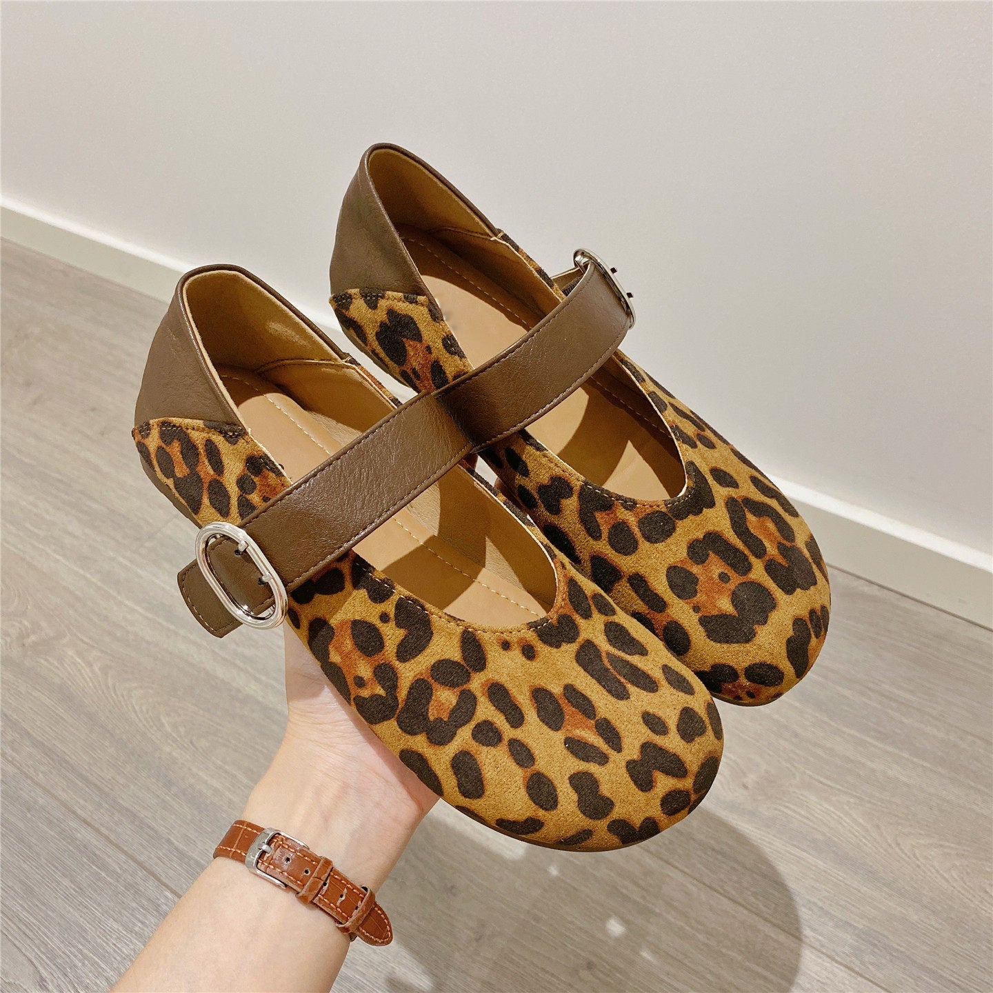 Ladies' Suede & Leopard Print Mary Jane Flats