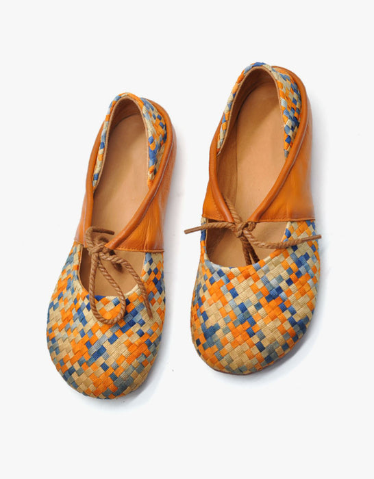 Multicolor Woven Fabric & Leather Mary Jane Flats