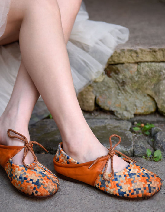 Multicolor Woven Fabric & Leather Mary Jane Flats