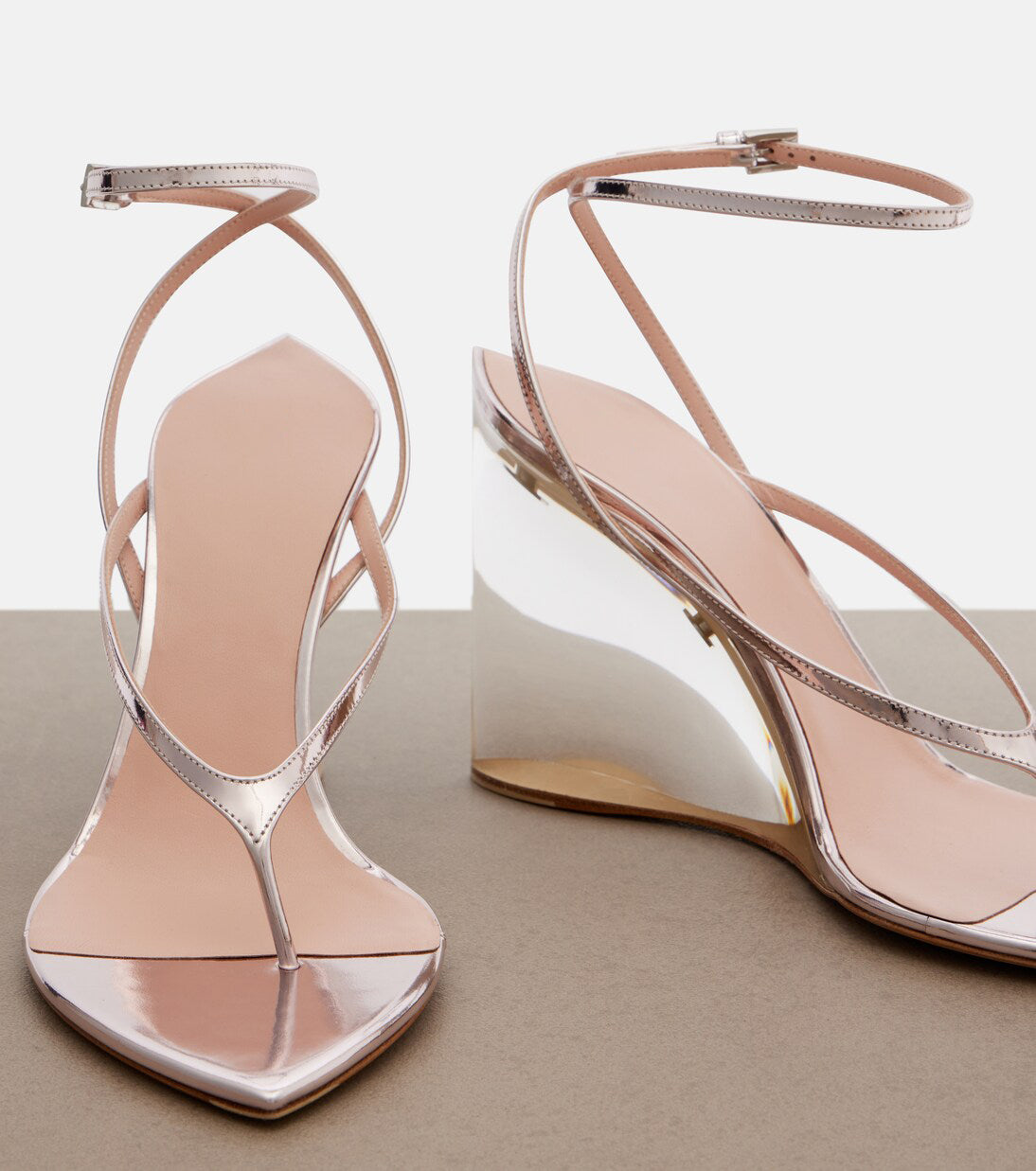 Metallic Thong Wedge Sandals with Clear Heel