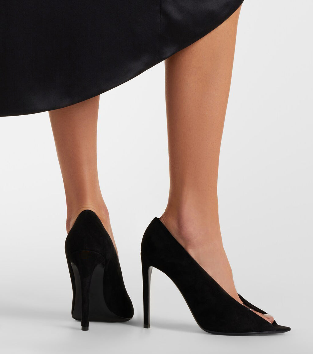 Women's Suede Peep-Toe Stiletto Pumps with PVC Strap