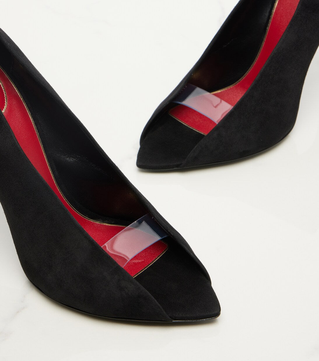 Women's Suede Peep-Toe Stiletto Pumps with PVC Strap