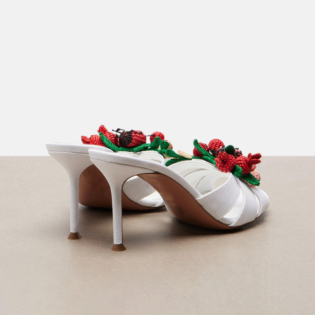 Ladies' Woven Fruit & Ladybug Appliqué Stiletto Mule Sandals