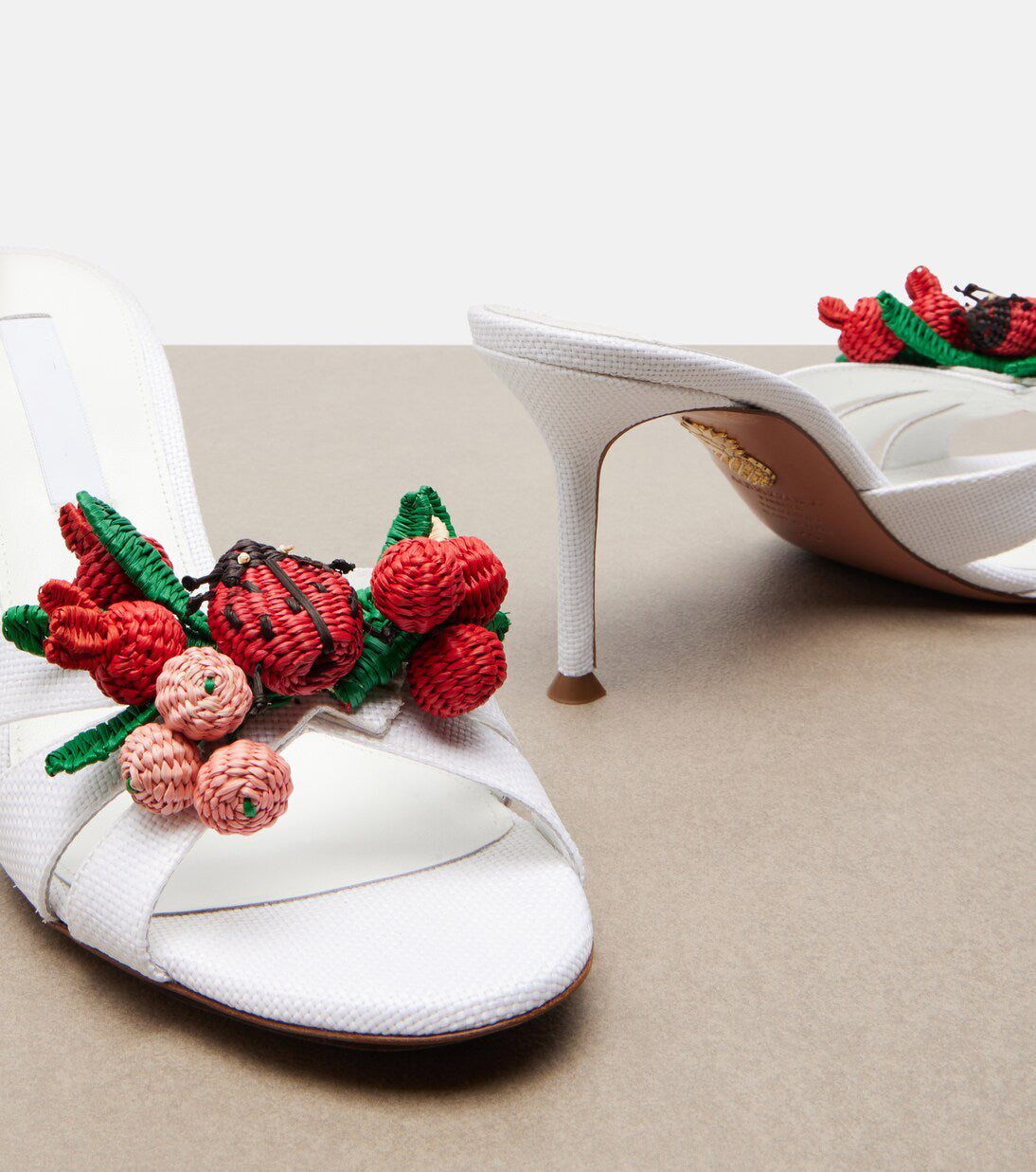 Ladies' Woven Fruit & Ladybug Appliqué Stiletto Mule Sandals