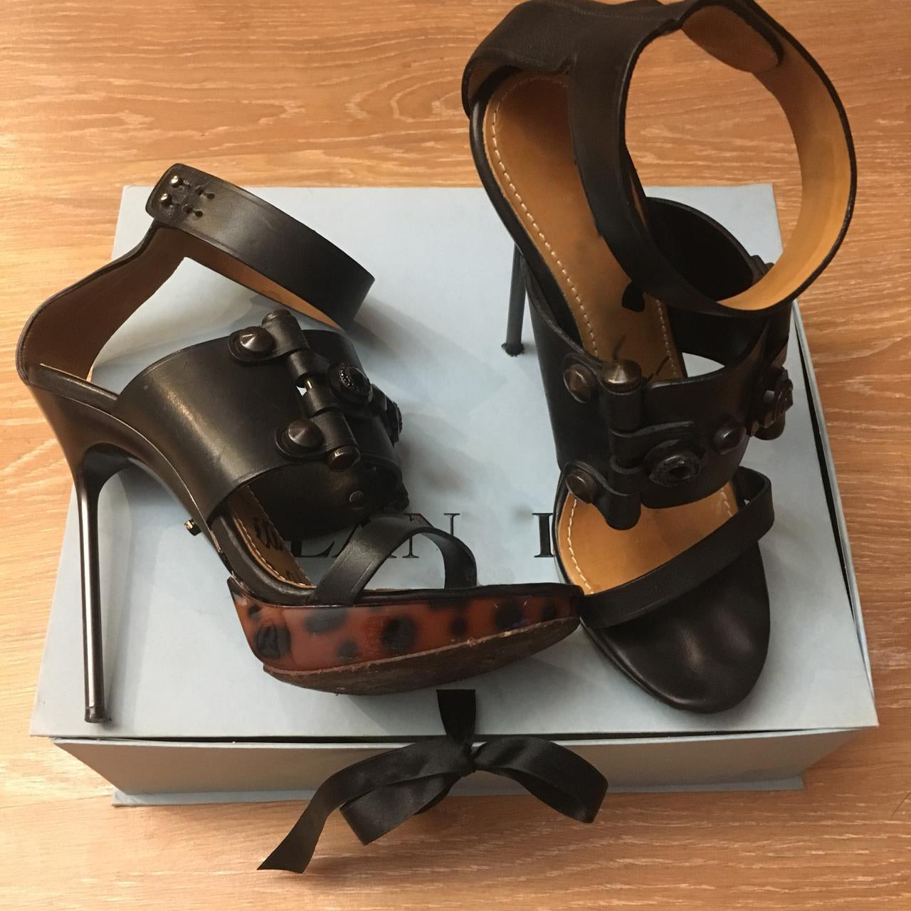 Black Leather Studded Platform Stiletto Heel Sandals