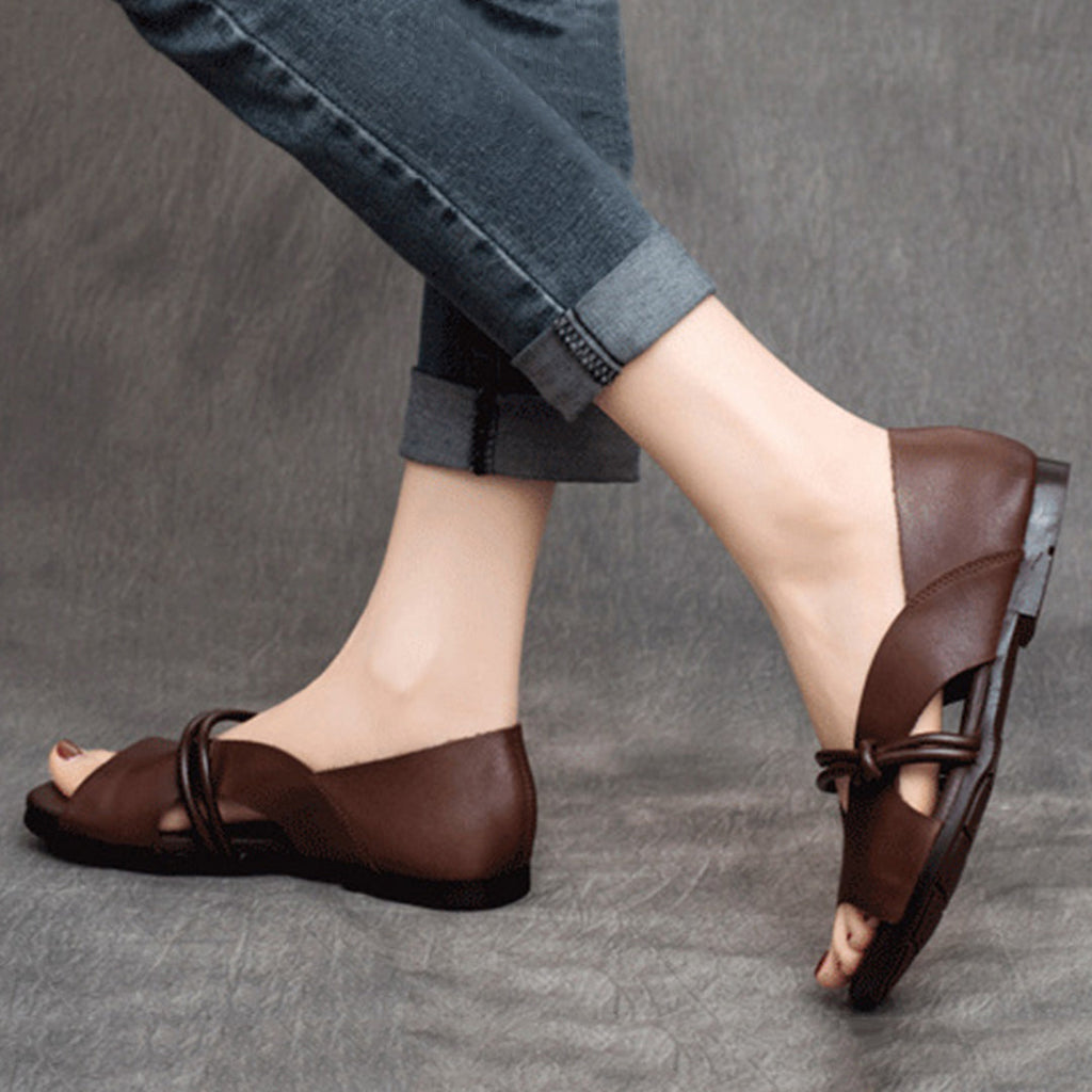 Genuine Leather Knot Strap Open-Toe Flat Sandals