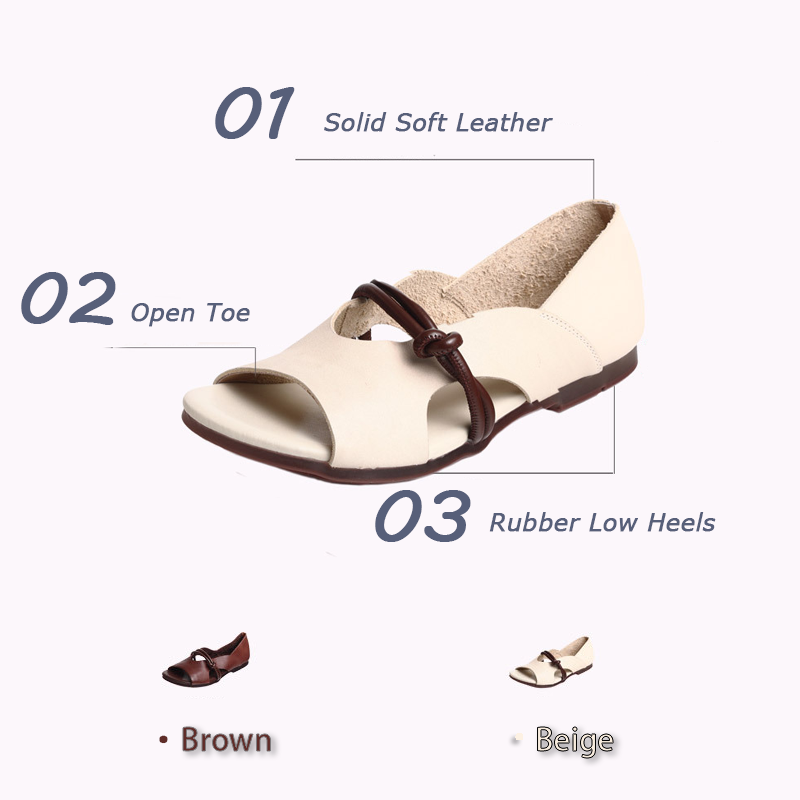 Genuine Leather Knot Strap Open-Toe Flat Sandals
