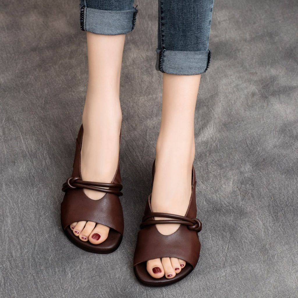 Genuine Leather Knot Strap Open-Toe Flat Sandals