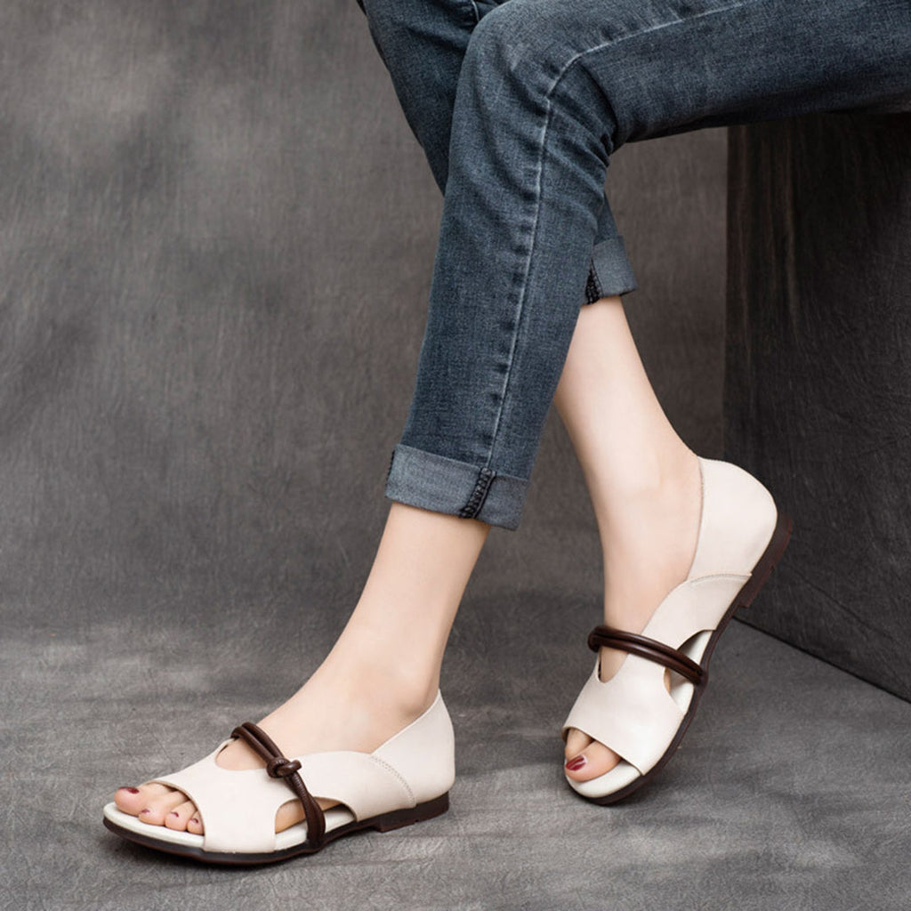 Genuine Leather Knot Strap Open-Toe Flat Sandals
