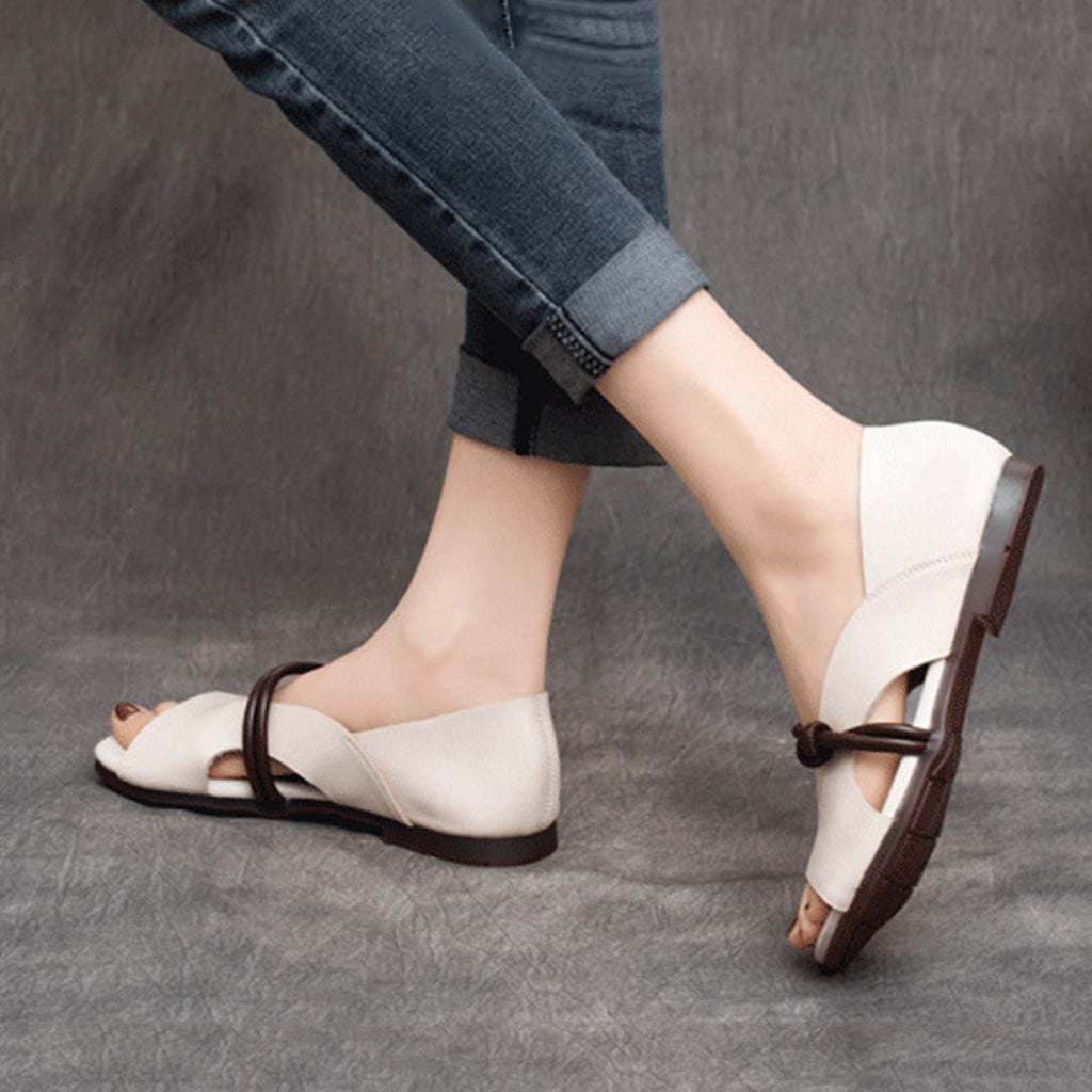 Genuine Leather Knot Strap Open-Toe Flat Sandals