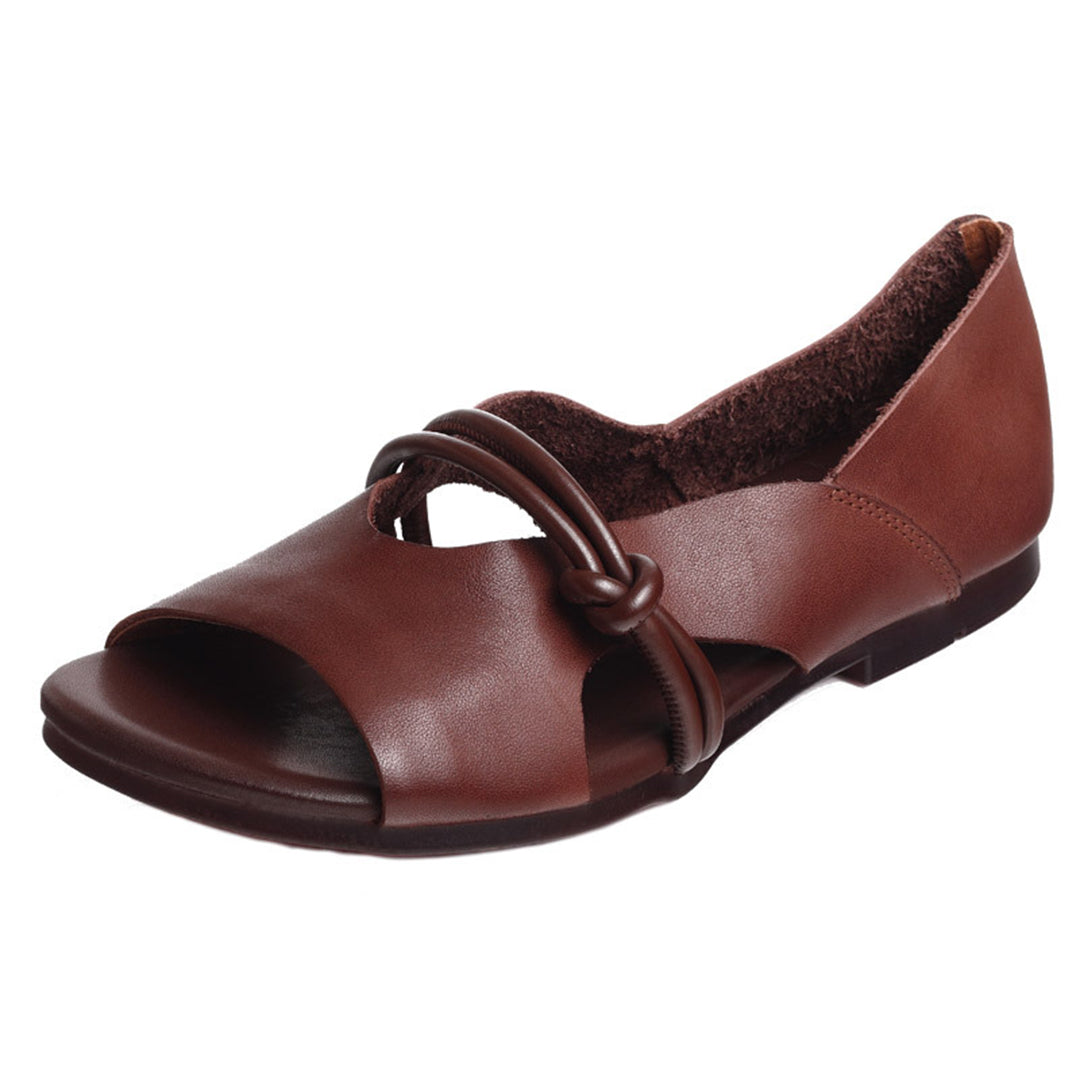 Genuine Leather Knot Strap Open-Toe Flat Sandals