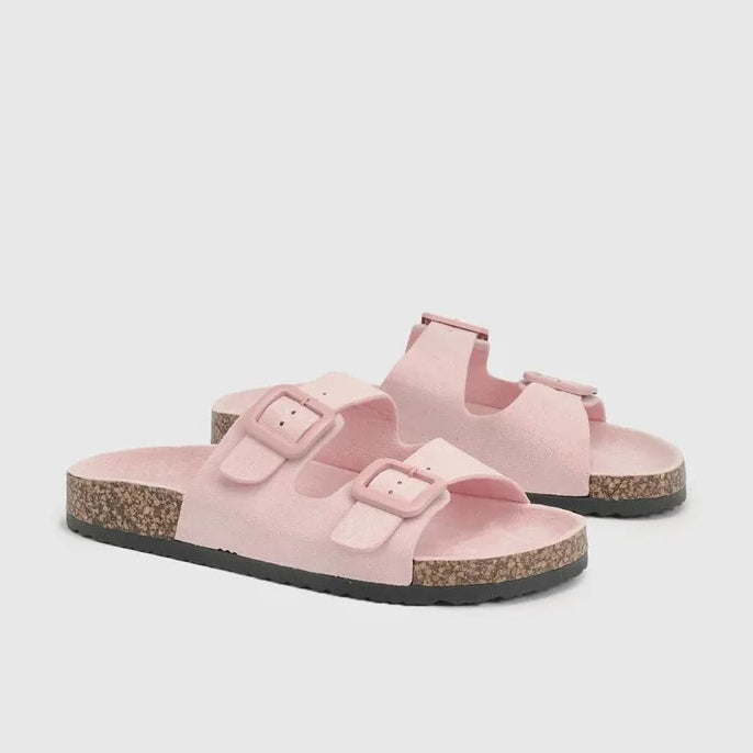 Women's Double Buckle Suede Cork Slides