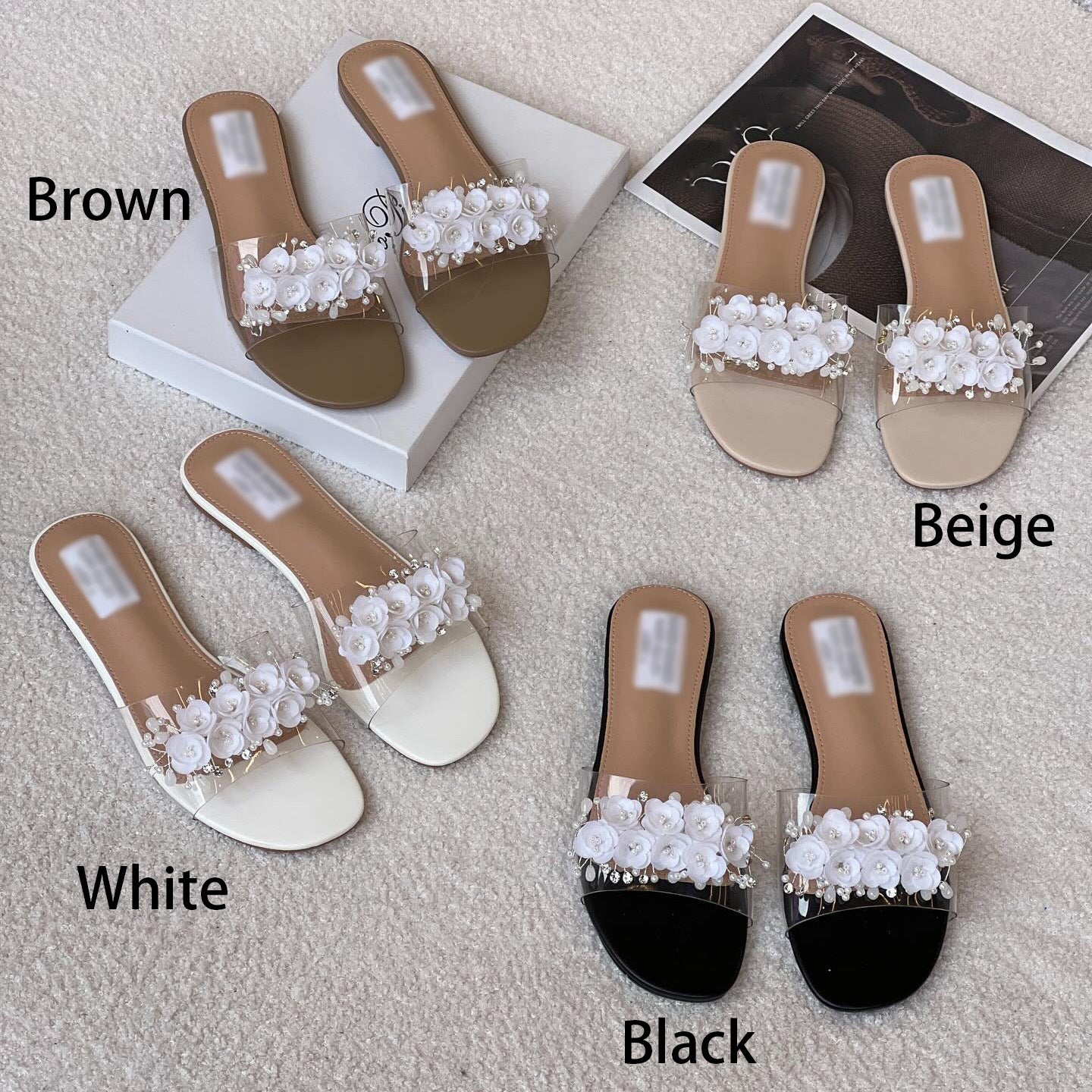 Ladies' Floral Appliqué Clear Strap Slide Sandals