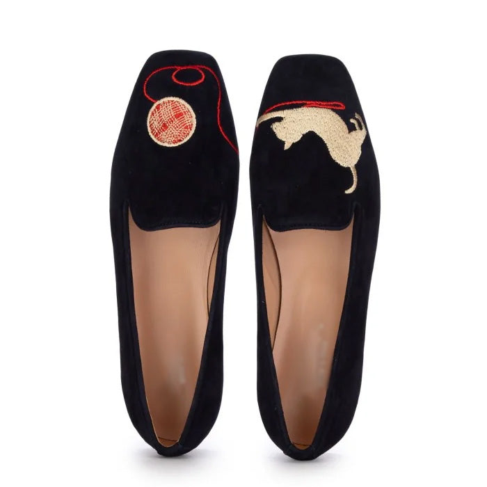 Ladies' Dachshund Embroidered Suede Loafers