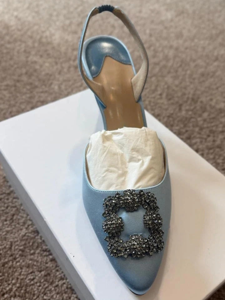 Ladies' Satin Crystal Buckle Slingback Heels