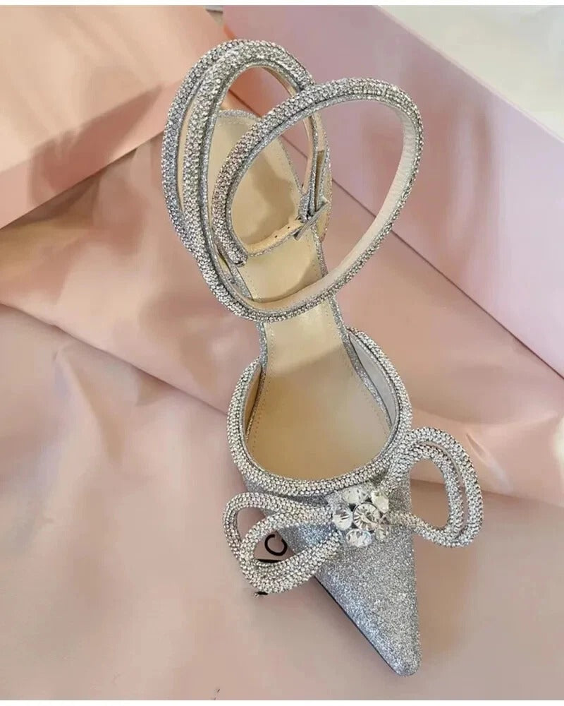 Ladies' Rhinestone Bow Ankle-Wrap Stiletto Sandals