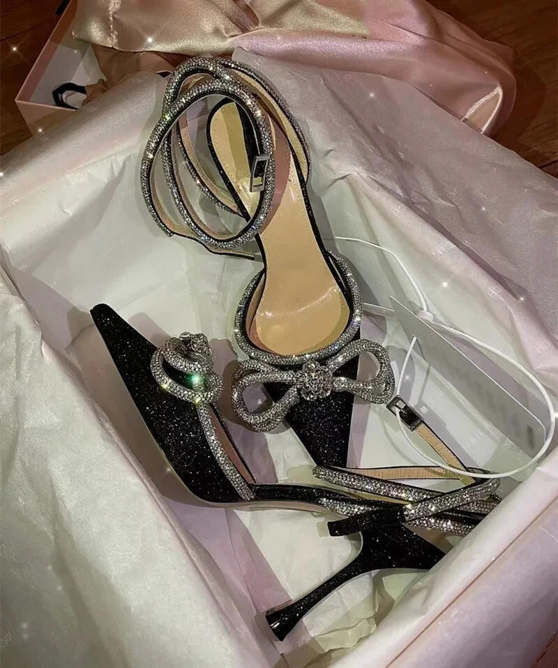 Ladies' Rhinestone Bow Ankle-Wrap Stiletto Sandals