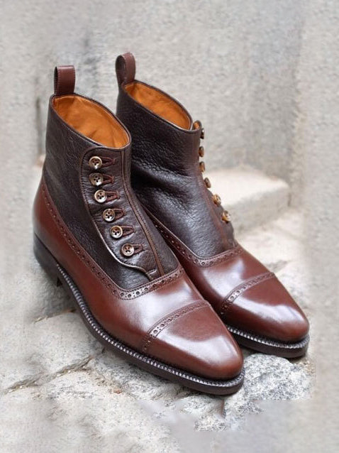 Men's Two-Tone Leather Button-Detail Ankle Boots