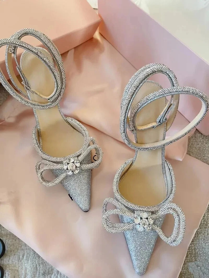 Ladies' Rhinestone Bow Ankle-Wrap Stiletto Sandals