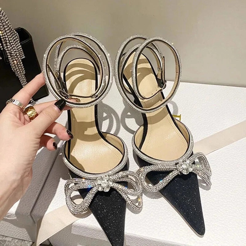 Ladies' Rhinestone Bow Ankle-Wrap Stiletto Sandals