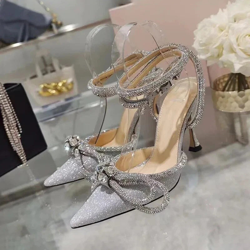 Ladies' Rhinestone Bow Ankle-Wrap Stiletto Sandals