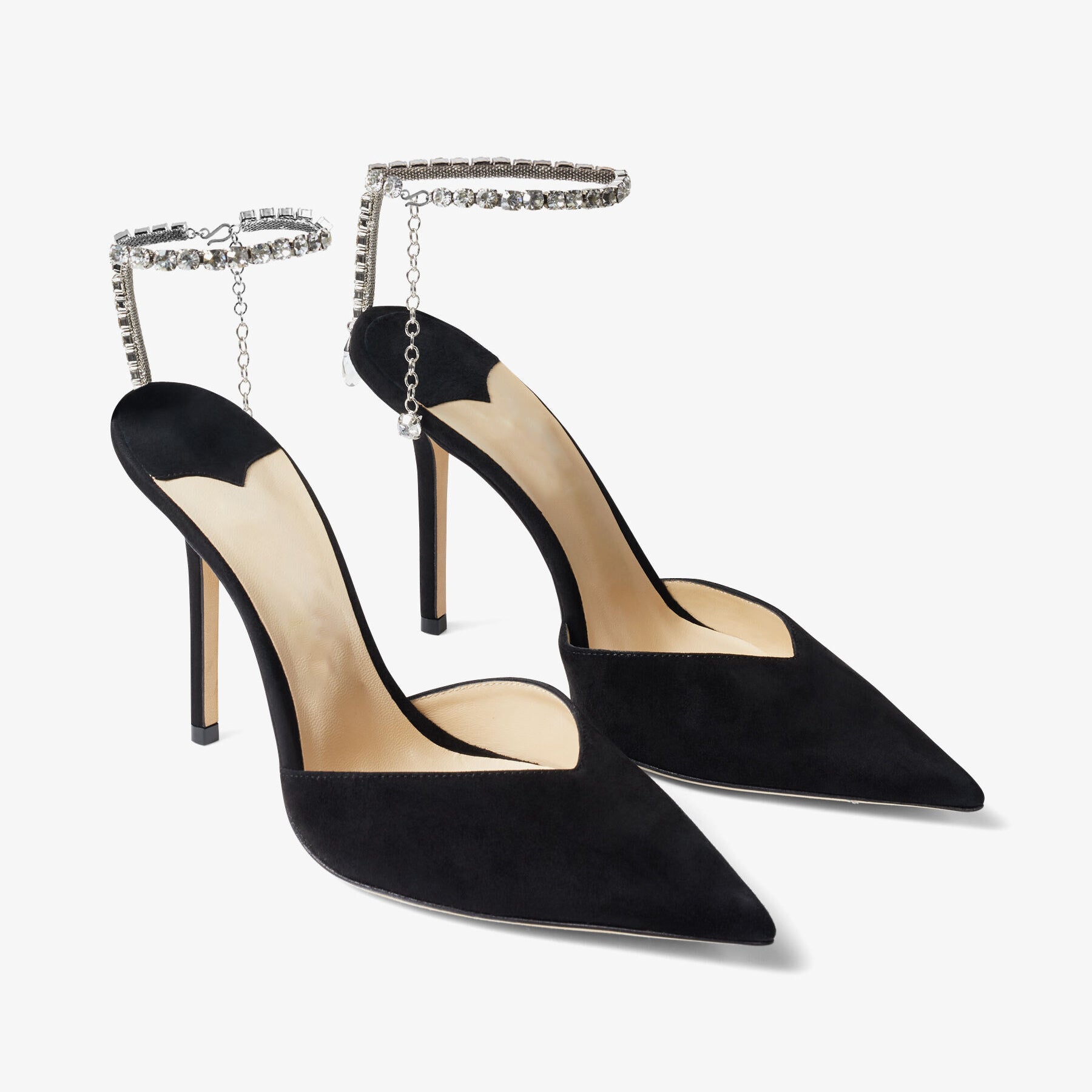 Ladies' Crystal Ankle Strap Suede Pointed-Toe Heels