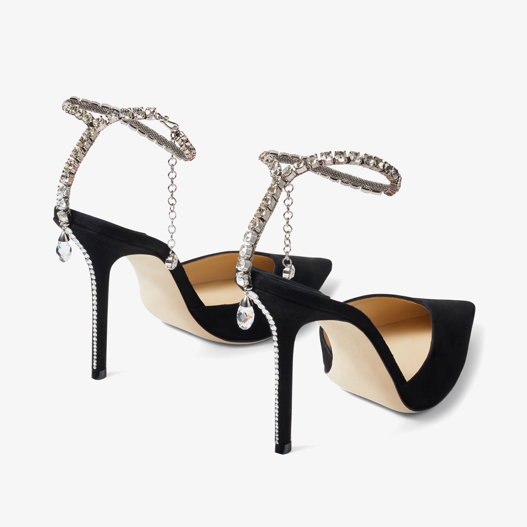 Ladies' Crystal Ankle Strap Suede Pointed-Toe Heels