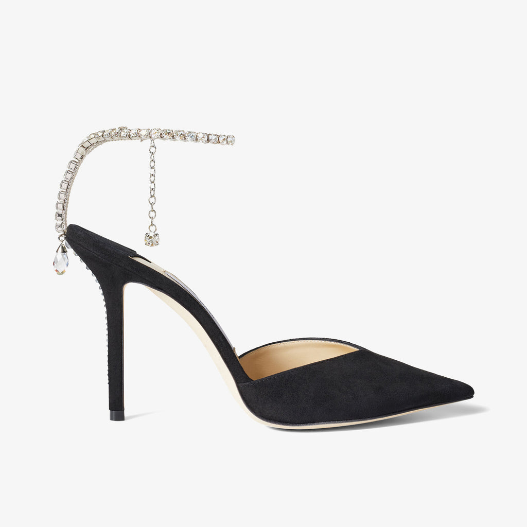 Ladies' Crystal Ankle Strap Suede Pointed-Toe Heels