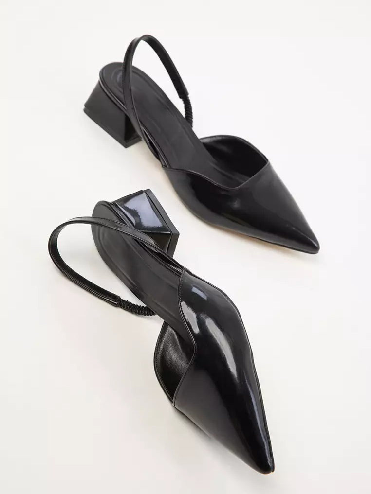 Ladies' Pointed Toe Patent Leather Slingback Block Heel Pumps