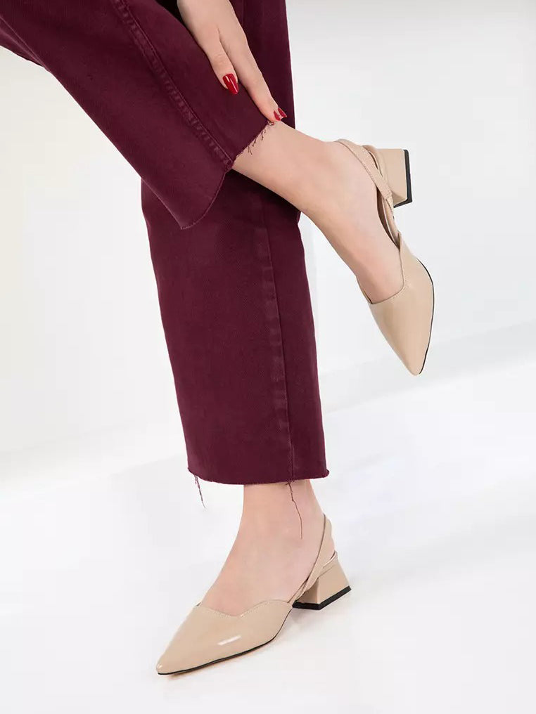 Ladies' Pointed Toe Patent Leather Slingback Block Heel Pumps