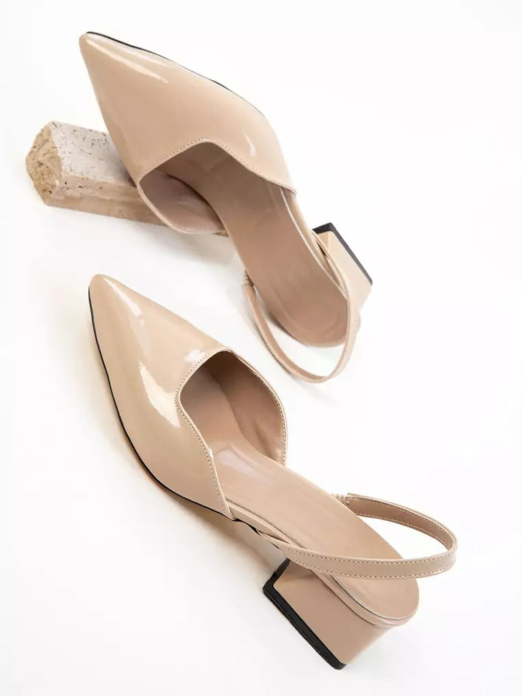Ladies' Pointed Toe Patent Leather Slingback Block Heel Pumps