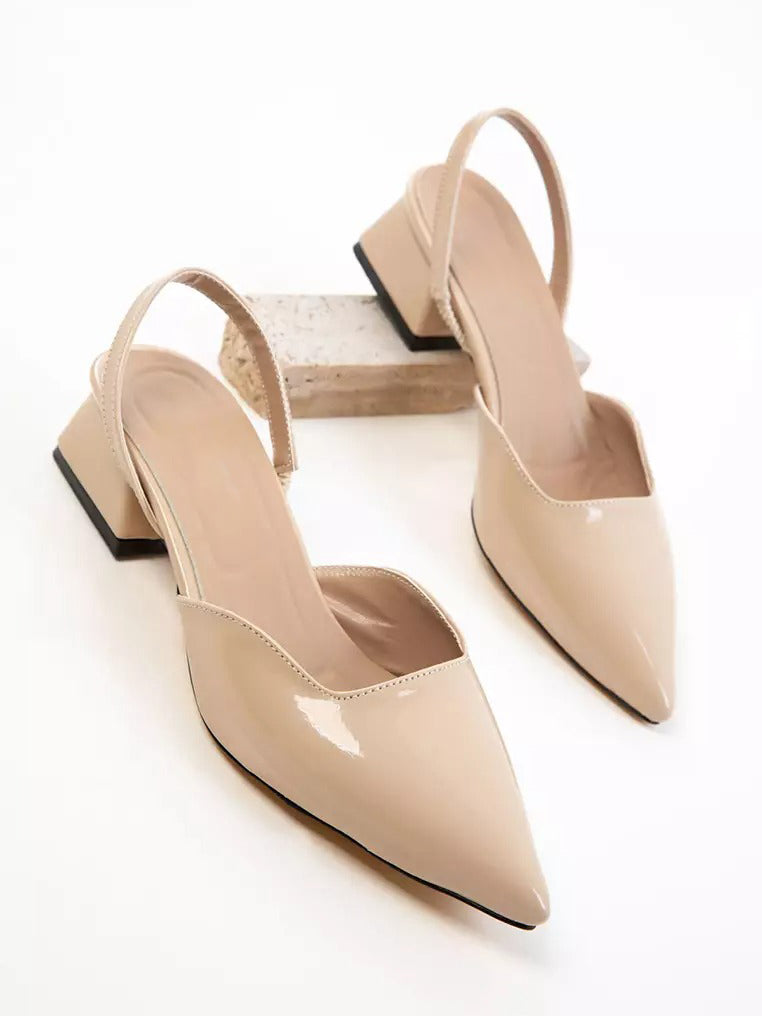 Ladies' Pointed Toe Patent Leather Slingback Block Heel Pumps
