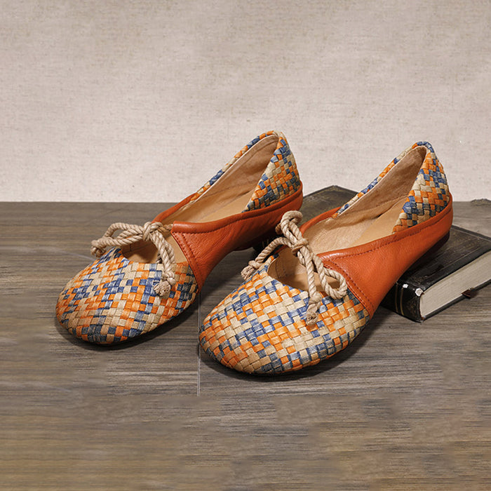 Multicolor Woven Fabric & Leather Mary Jane Flats