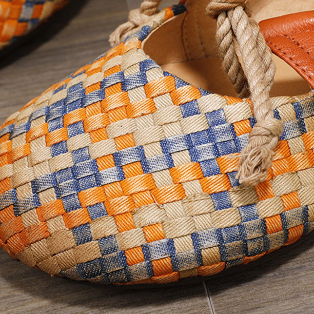 Multicolor Woven Fabric & Leather Mary Jane Flats