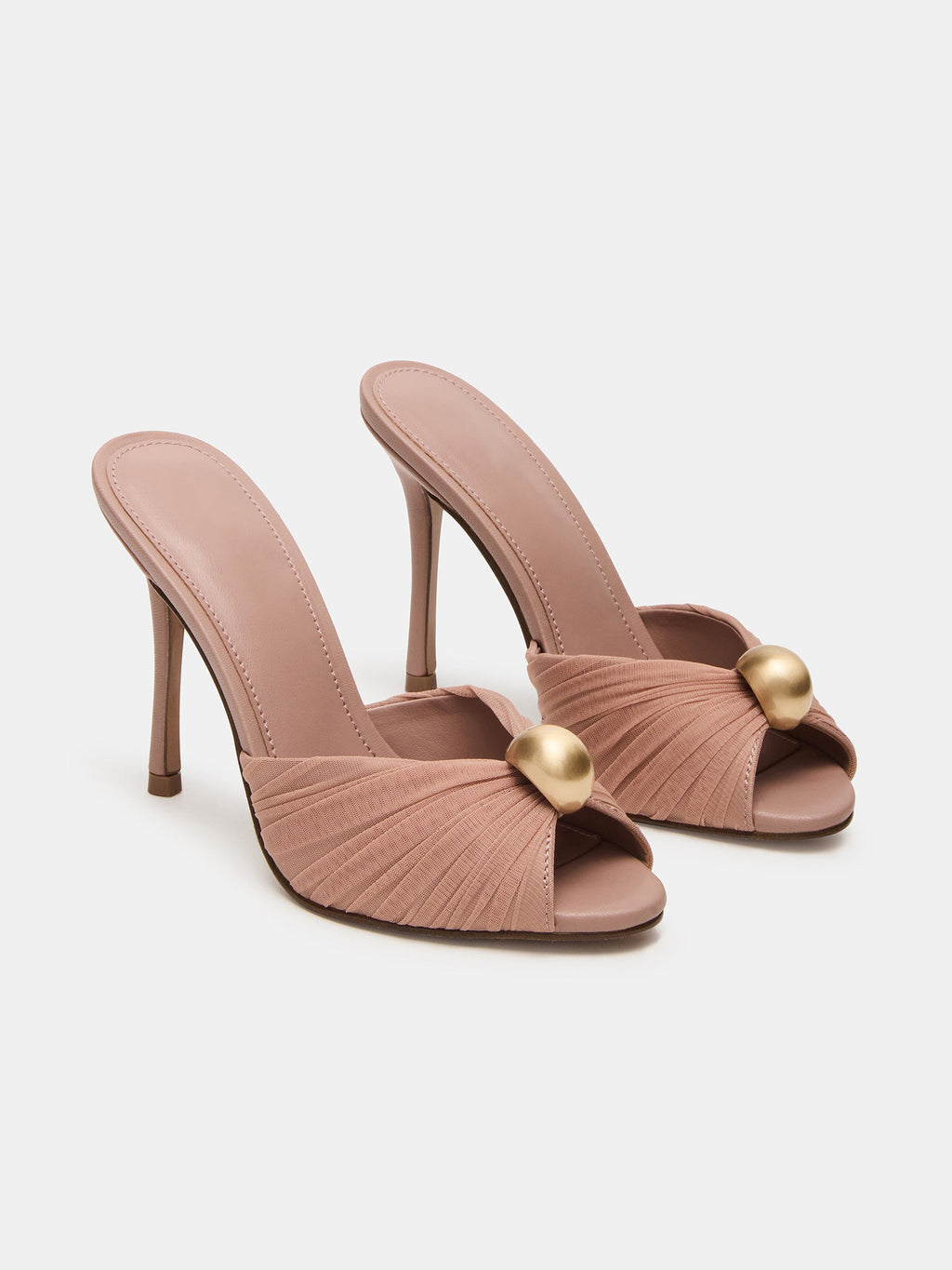 Metallic Button Ruched Stiletto Heeled Mules