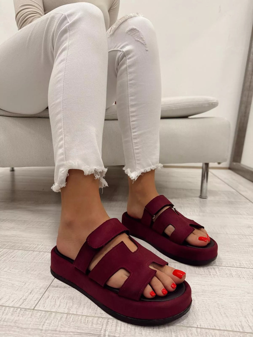 Adjustable Velcro Strap Chunky Sole Suede Slides