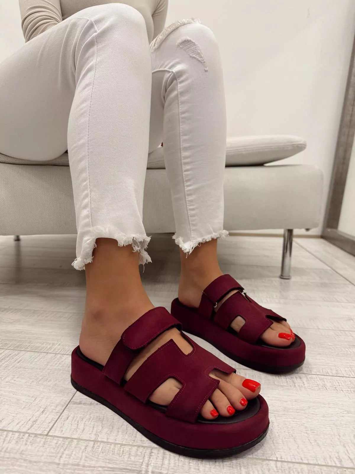 Adjustable Velcro Strap Chunky Sole Suede Slides