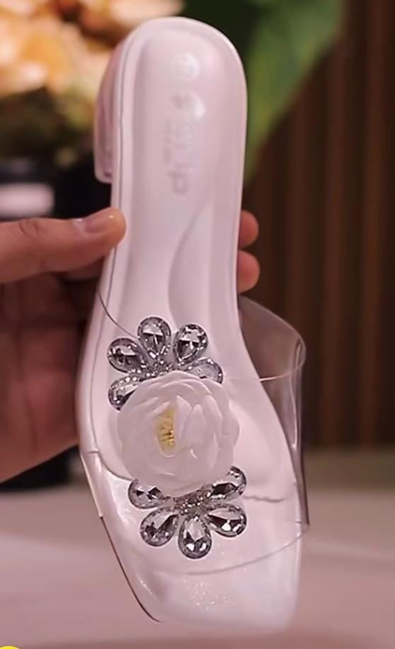 Ladies' Clear Strap 3D Rose Embellished Block Heel Mule Sandals